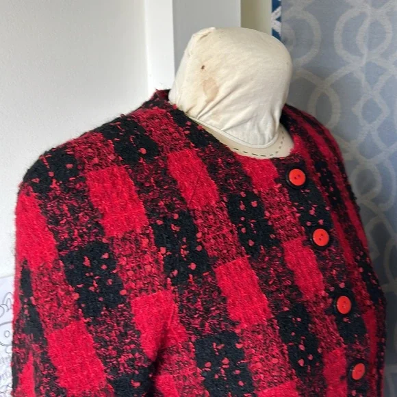 Vintage Carlisle Wool Red/Black Buffalo Check Boucle Blazer‎ Cropped Lined 6